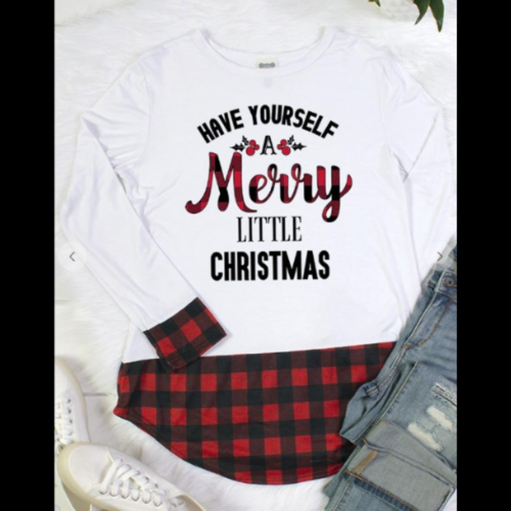 Have Yourself a Merry Little Christmas Holiday Top with Buffalo Plaid Trim